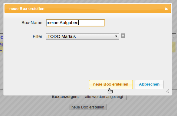 Popup zum Anlegen einer neuen Box und Wahl des Filters