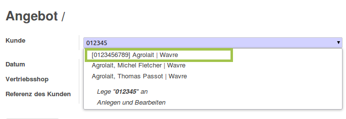 Screenshot Angebotserstellung mit Modul partner_extended_name