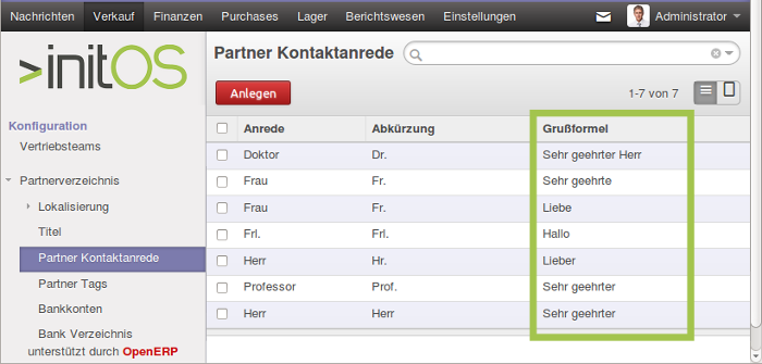 Screenshot von der Listenansicht Partner Kontaktanrede