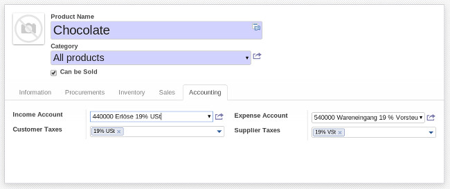 Tax rate and tax account configuration of a product in OpenERP