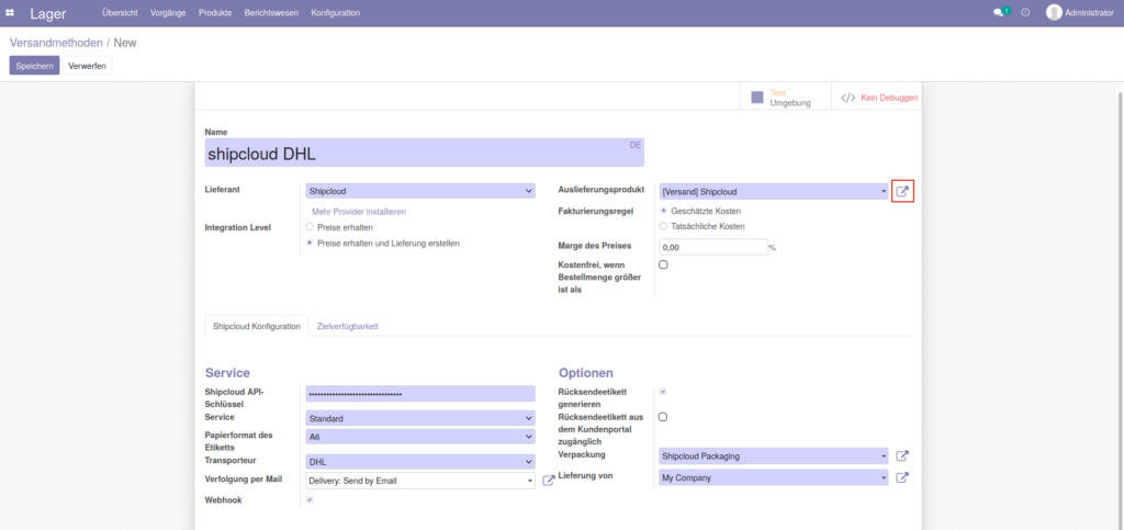 Odoo Shipcloud Auslieferungsprodukt öffnen