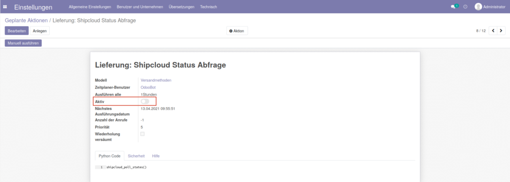 Odoo Shipcloud Aktivierung der Sendungsverfolgung
