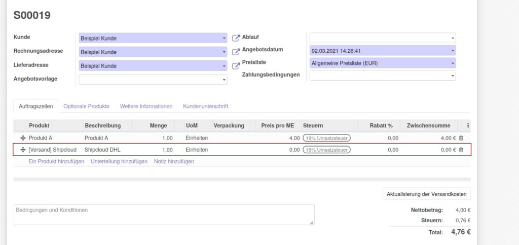 Odoo Shipcloud Angebote Versand anzeigen