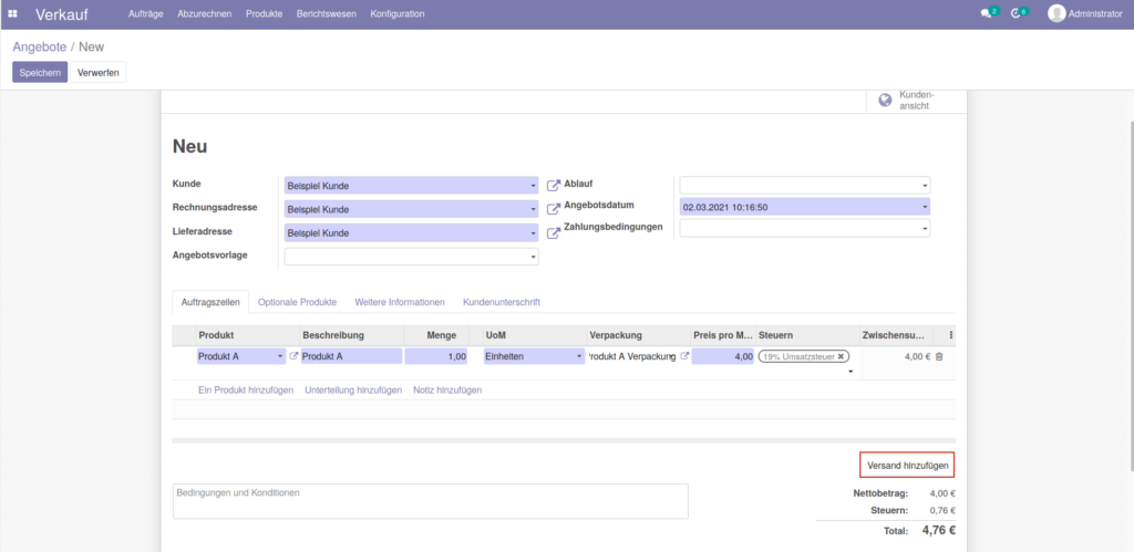 Odoo Shipcloud Angebote Versand hinzufügen