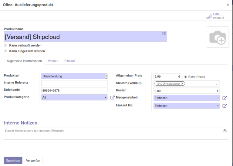 Odoo Shipcloud Auslieferungsprodukt bearbeiten