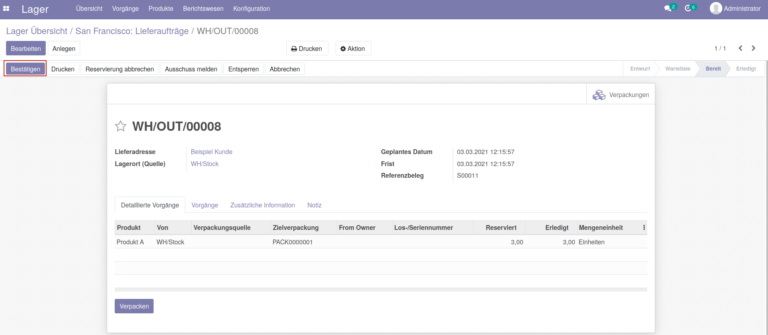 Odoo Shipcloud Ansicht Lieferauftrag im Lager