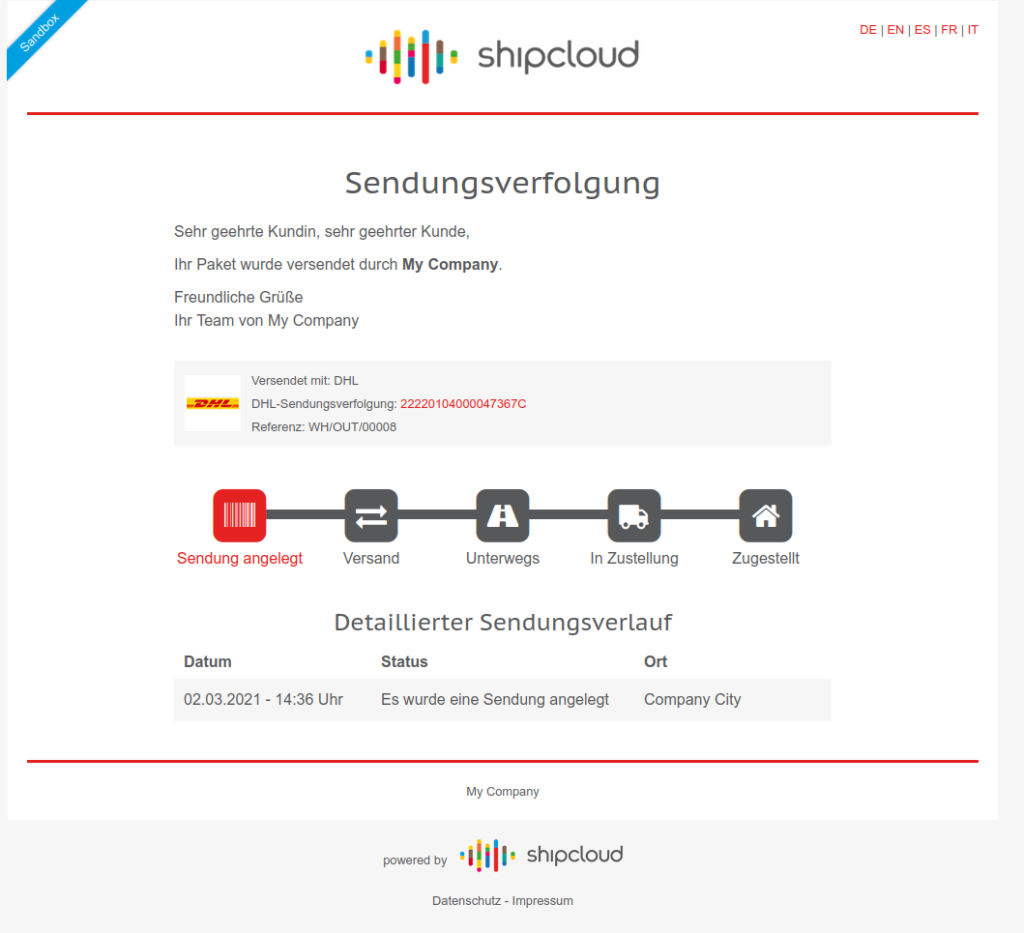 Odoo Shipcloud Ansicht der Sendungsverfolgung