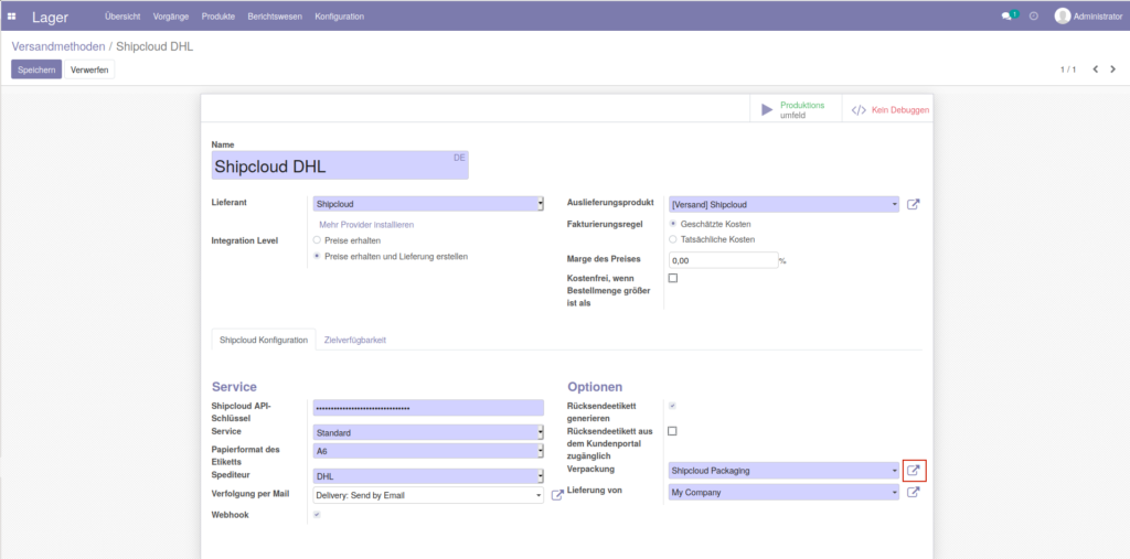 Odoo Shipcloud Versand Verpackung öffnen