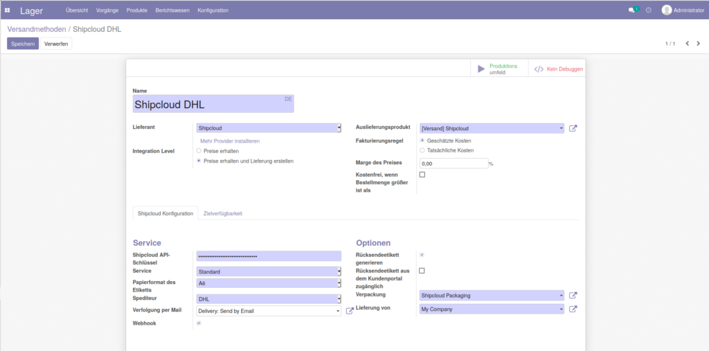 Odoo Shipping Shipcloud Versandmethoden anlegen