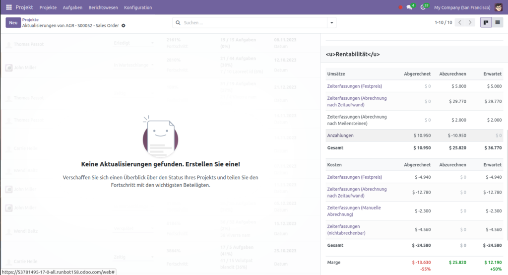 Anzahlungen in Projektaktualisierungen - Odoo