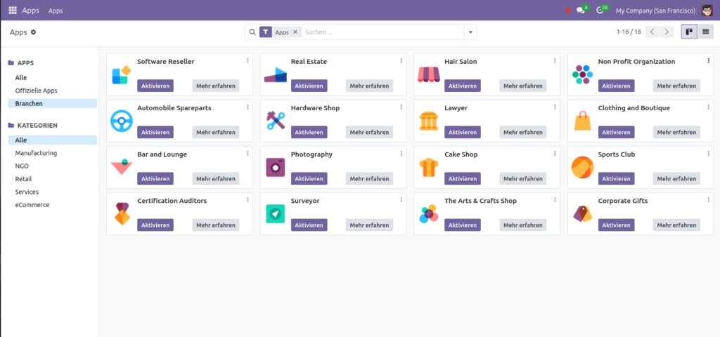 Branchenpakete der Odoo-Apps