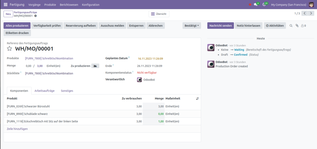 Fertigungsauftrag Übersicht - Odoo