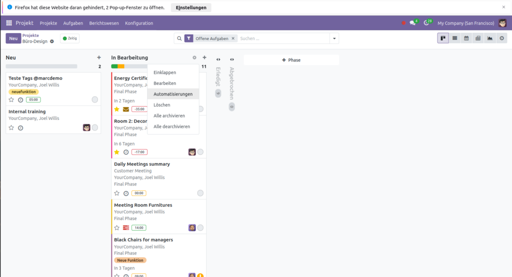 Kanban Automatisierungen - Odoo