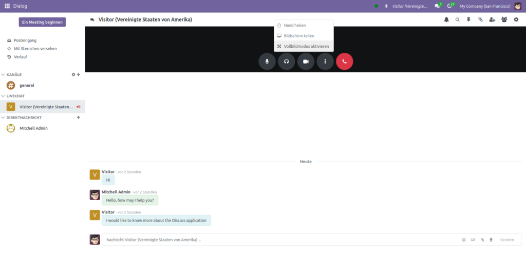 Hand heben und Bildschirm teilen im Livechat Videoanruf - Odoo