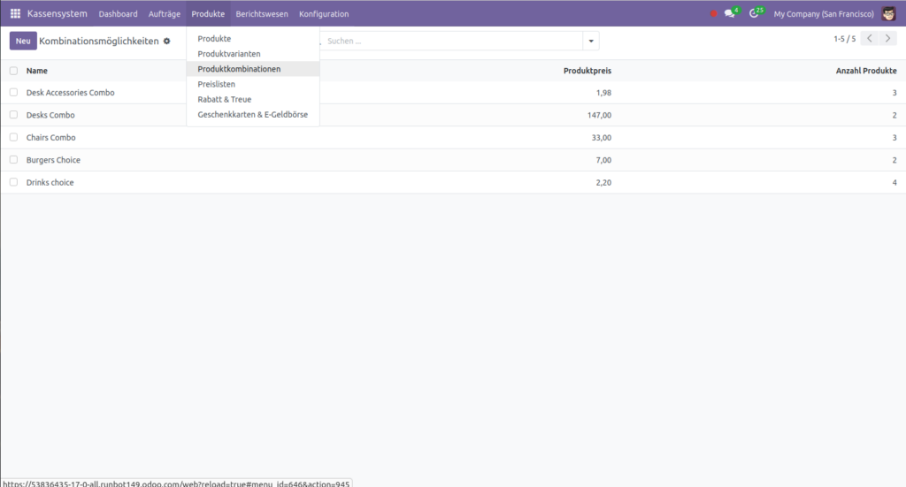 Produktkombinationen für Combo-Menüs - Odoo