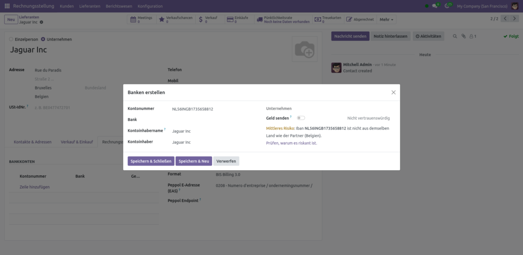 Warnung bei abweichenden Zahlungsinformationen - Odoo