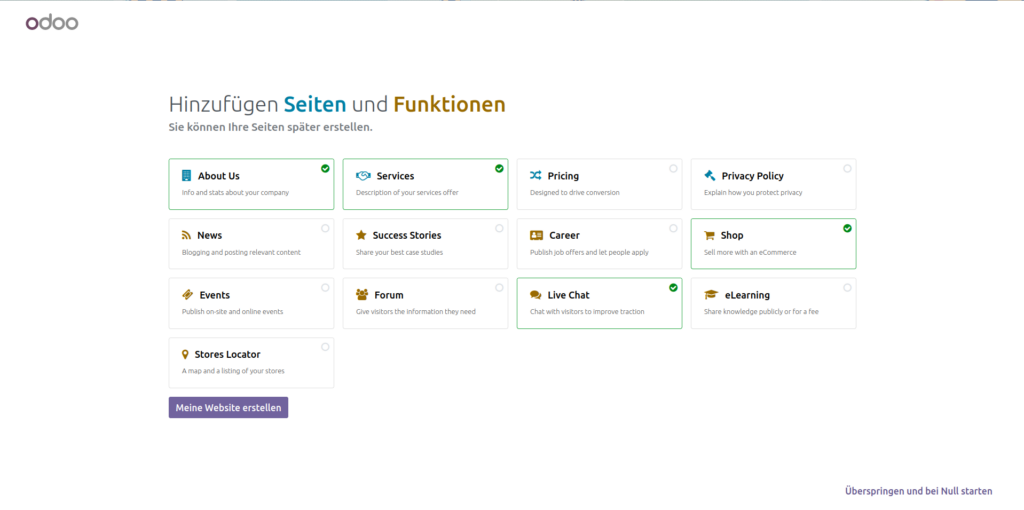 Website Builder: automatisches Hinzufügen von Seiten und Funktionen - Odoo