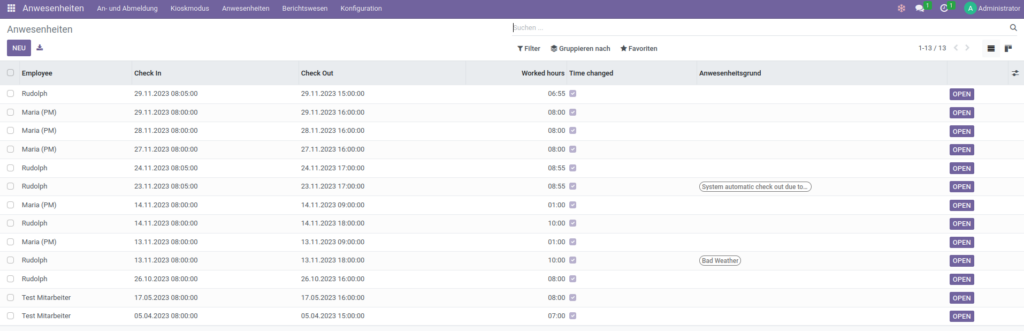 Arbeitszeiterfassung: Einsicht und Korrektur in Odoo