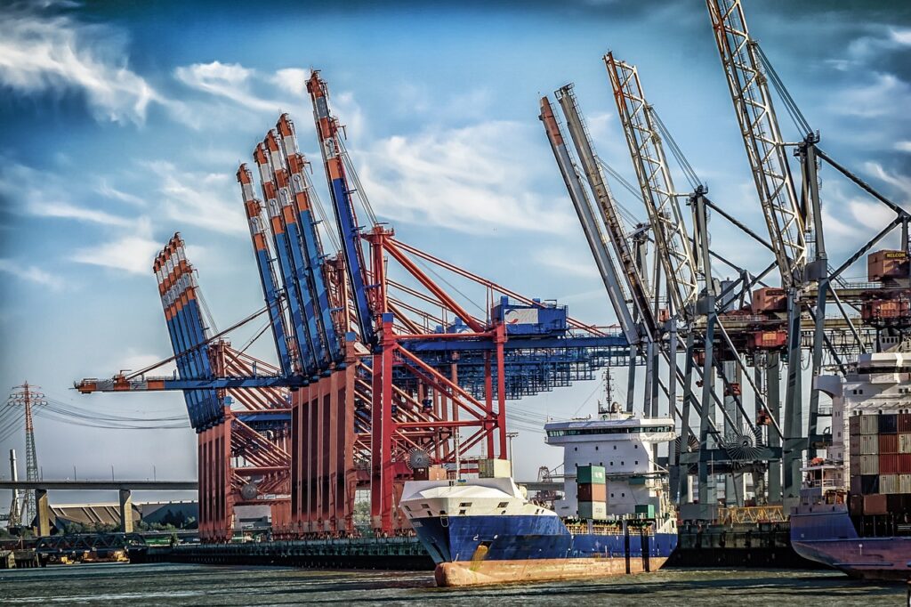 hamburg, port, terminal, cranes, container terminal, container transshipment point, container handling, port cranes, container ship, shipping, freighter, freight, ship, container bridge, water, transshipment point, water transport, nature, elbe, technology, flow, trade